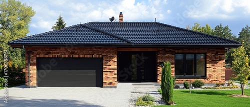 Contemporary suburban house with brick exterior and dark tiled roof