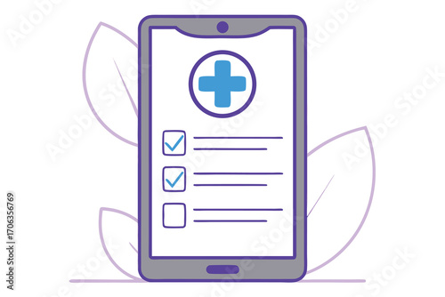 Online medical checklist on smartphone isolated on white background, healthcare and medicine concept, vector illustration