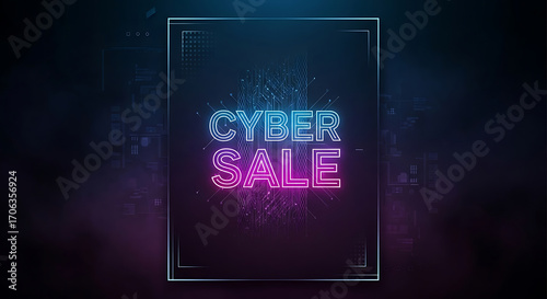 Cyber monday a vibrant cyber sale design featuring neon lights and abstract elements, perfect for advertising and promoting online shopping discounts