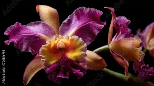Captivating close-up of a Cattleya orchid showcasing its vibrant colors and intricate details