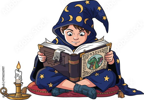 Young wizard engrossed in reading a magical spellbook with candle light nearby