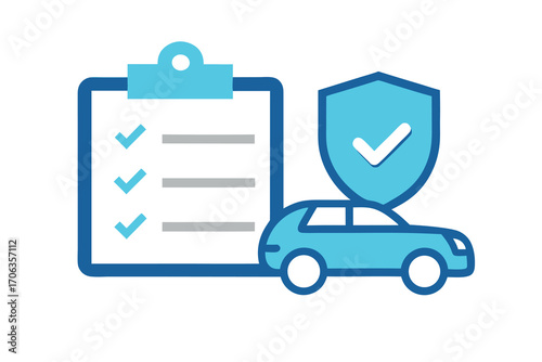 Car insurance policy concept with clipboard, shield, and car isolated on white background