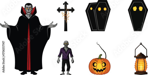 Halloween clip art featuring vampire zombie pumpkin coffins cross and lantern