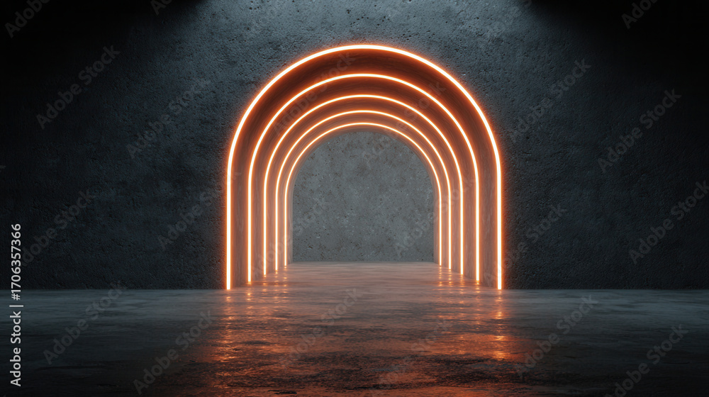 Fototapeta premium Illuminated archway in modern interior design showcases glowing outlines in dim space
