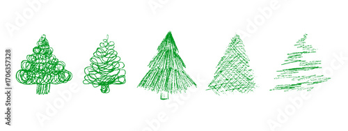 Cute Xmas tree vector set. Wax crayon and charcoal doodles, childlike scribble pines and spruces. Vector clipart of coniferous trees isolated on white background