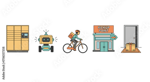 Modern delivery solutions featuring smart lockers autonomous robots cycling couriers pickup points and doorstep packages for efficient logistics, Generative AI.