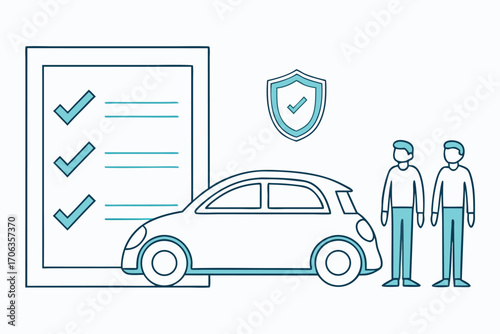 Car insurance concept with car, clipboard, shield, and people isolated on white background