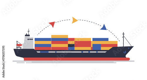 cargo ship sailing with colorful containers and flags waving