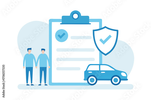 Car insurance policy agreement with people and vehicle isolated on white background for safety and protection