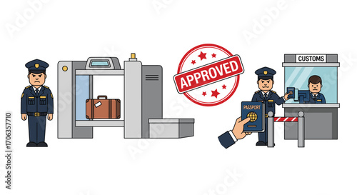 Secure travel process with customs officers security scanner passport check and approved stamp for safe journeys, Generative AI.