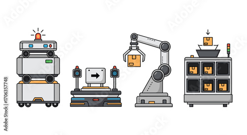 Automated warehouse robots and robotic arm efficiently sorting and moving packages for modern logistics operations, Generative AI.