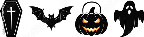 Spooky halloween icons featuring a coffin bat pumpkin and ghost on white