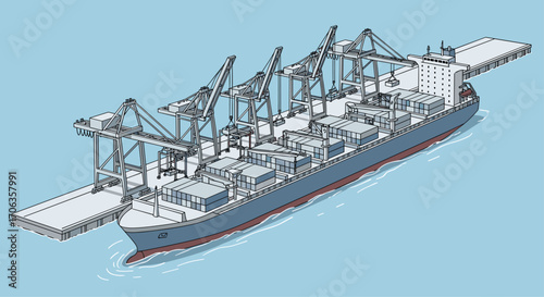 Massive cargo ship docking at port with towering cranes actively loading containers for global trade and logistics operations, Generative AI.