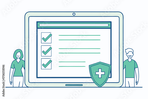 Online medical insurance form on a laptop with a shield, isolated on white background