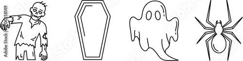 Halloween themed line art featuring a zombie coffin ghost and spider icons