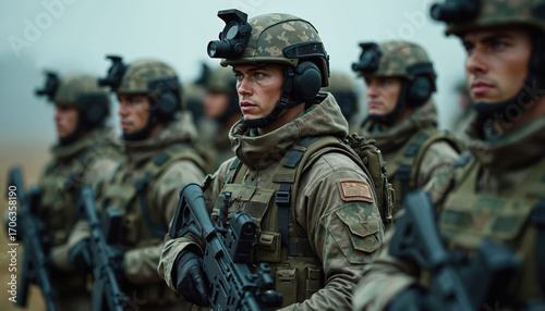 Vigilant soldiers in advanced gear stand at attention, showing military professionalism, unwavering commitment. Tactical equipment, including helmets with night vision, signifies modern preparedness.