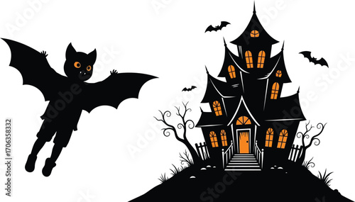 Spooky haunted house with bats flying around on a dark halloween night scene