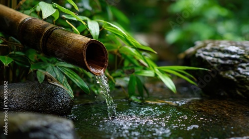 Tranquil bamboo fountain with flowing water creating a soothing atmosphere in nature