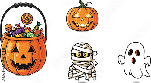 Halloween pumpkin bucket with candy jackolantern mummy and ghost characters
