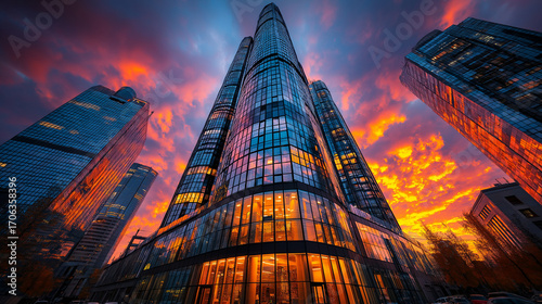 Ultra-modern skyscraper with reflective glass facade, golden sunset light, cinematic wide-angle perspective