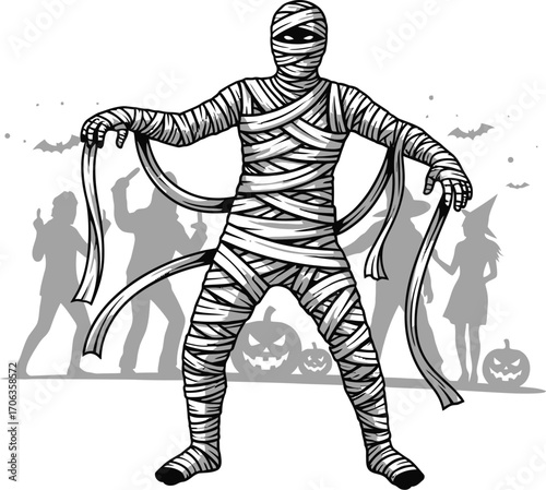 Spooky halloween mummy standing with kids in costume and pumpkins behind him