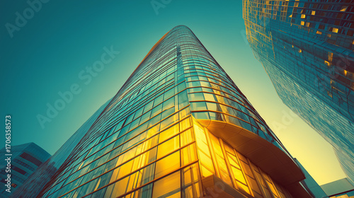 Ultra-modern skyscraper with reflective glass facade, golden sunset light, cinematic wide-angle perspective