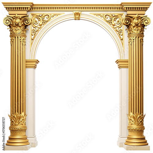 Elegant white and gold Corinthian archway with ornate detailing, symbolizing grandeur and classical architecture for prestigious events and designs