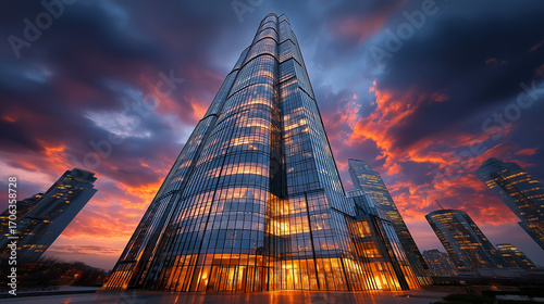 Ultra-modern skyscraper with reflective glass facade, golden sunset light, cinematic wide-angle perspective