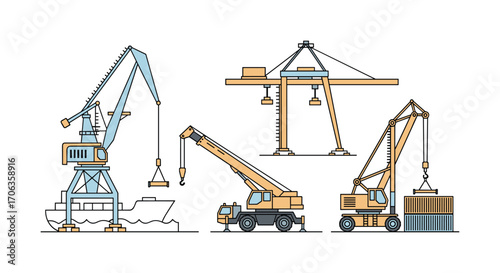 Dynamic port scene showcasing modern cranes in action loading cargo onto ships and containers for global logistics and industry, Generative AI.