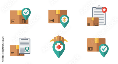 Secure package delivery tracking icons showing location pins and checkmarks for logistics and shipping services, Generative AI.