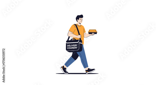 Energetic delivery courier with food container and branded bag walking briskly to fulfill orders symbolizing fast service and convenience, Generative AI.