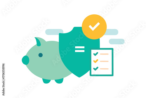 Illustration of a piggy bank, shield, and checklist isolated on white background, representing financial security