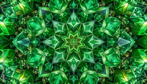 Emerald-toned kaleidoscopic pattern—geometric symmetry with star center and layered crystal-like depth.
