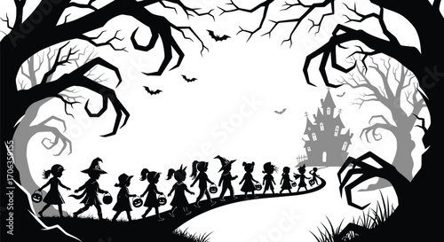 Children trick or treating on halloween night in a spooky black and white scene