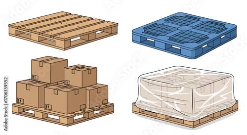 Versatile cargo handling solutions showcasing wooden and plastic pallets with stacked and shrink-wrapped boxes for efficient logistics and supply chain, Generative AI.
