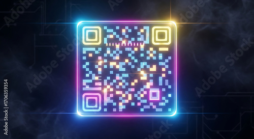Cyber monday vibrant neon qr code with glowing edges, perfect for modern marketing, digital access, and innovative technology solutions in a futuristic style