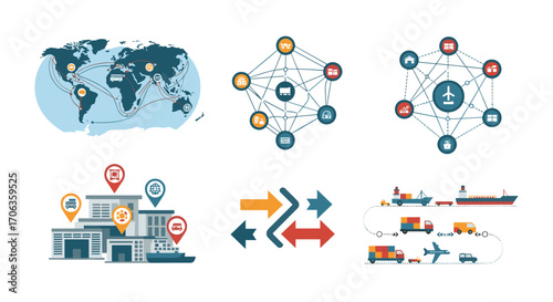 Visualize global logistics networks supply chain connections and international shipping routes connecting continents with diverse transport modes, Generative AI.