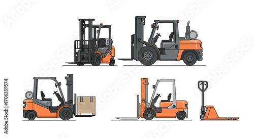 Dynamic collection of modern industrial forklifts and pallet jacks illustrating logistics and material handling efficiency, Generative AI.