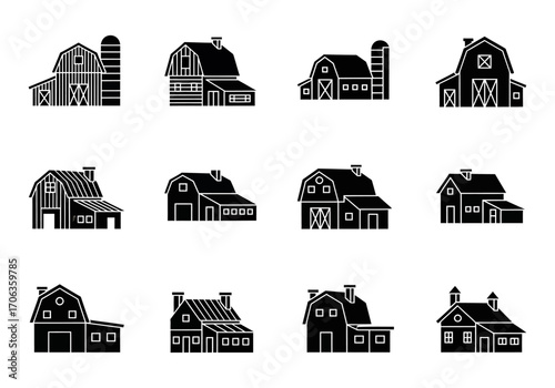 Collection of black glyph icons featuring various farm barn and agricultural building designs isolated on a white background