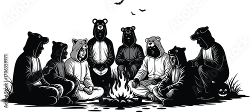 Group of friends in bear costumes around a campfire in black and white style