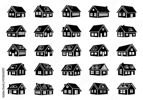 Diverse collection of simple house icons in a black silhouette style. Vector graphic elements representing homes, real estate, and residential architecture