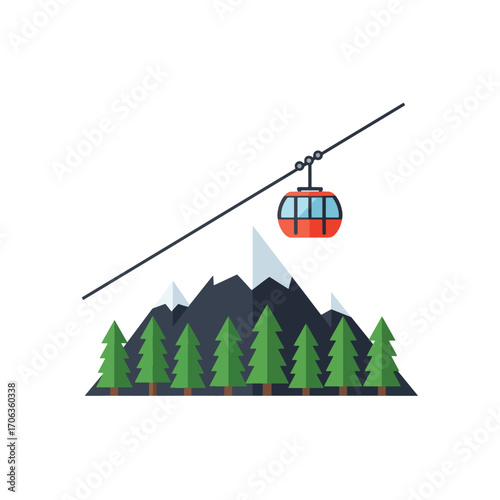 Cable car over snowcapped mountains and pine trees