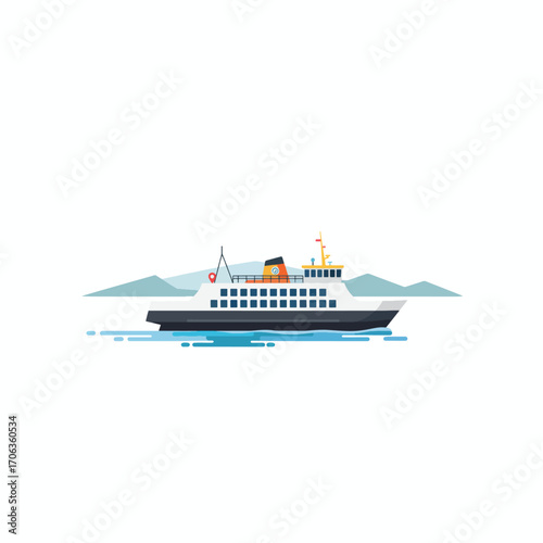 A ferryboat sails on blue water near mountains