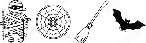 Halloween icons featuring a mummy spider web broom and bat on white background