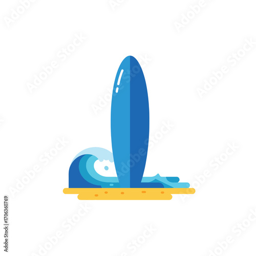 Blue surfboard on a yellow beach with a breaking wave