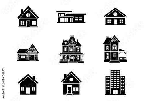A versatile collection of black and white house and building icons, showcasing various architectural styles from classic homes to modern structures, ideal for design