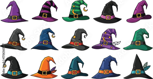 Assorted cartoon witch hats in various colors for halloween themed decorations
