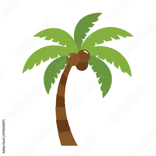A cartoon palm tree with green fronds and coconuts on a brown trunk