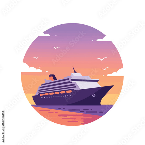 A cruise ship sails on water under a gradient sky with birds