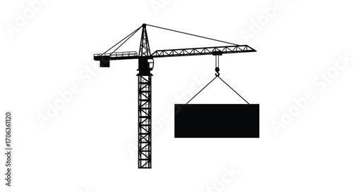 construction crane lifting heavy black box against white background